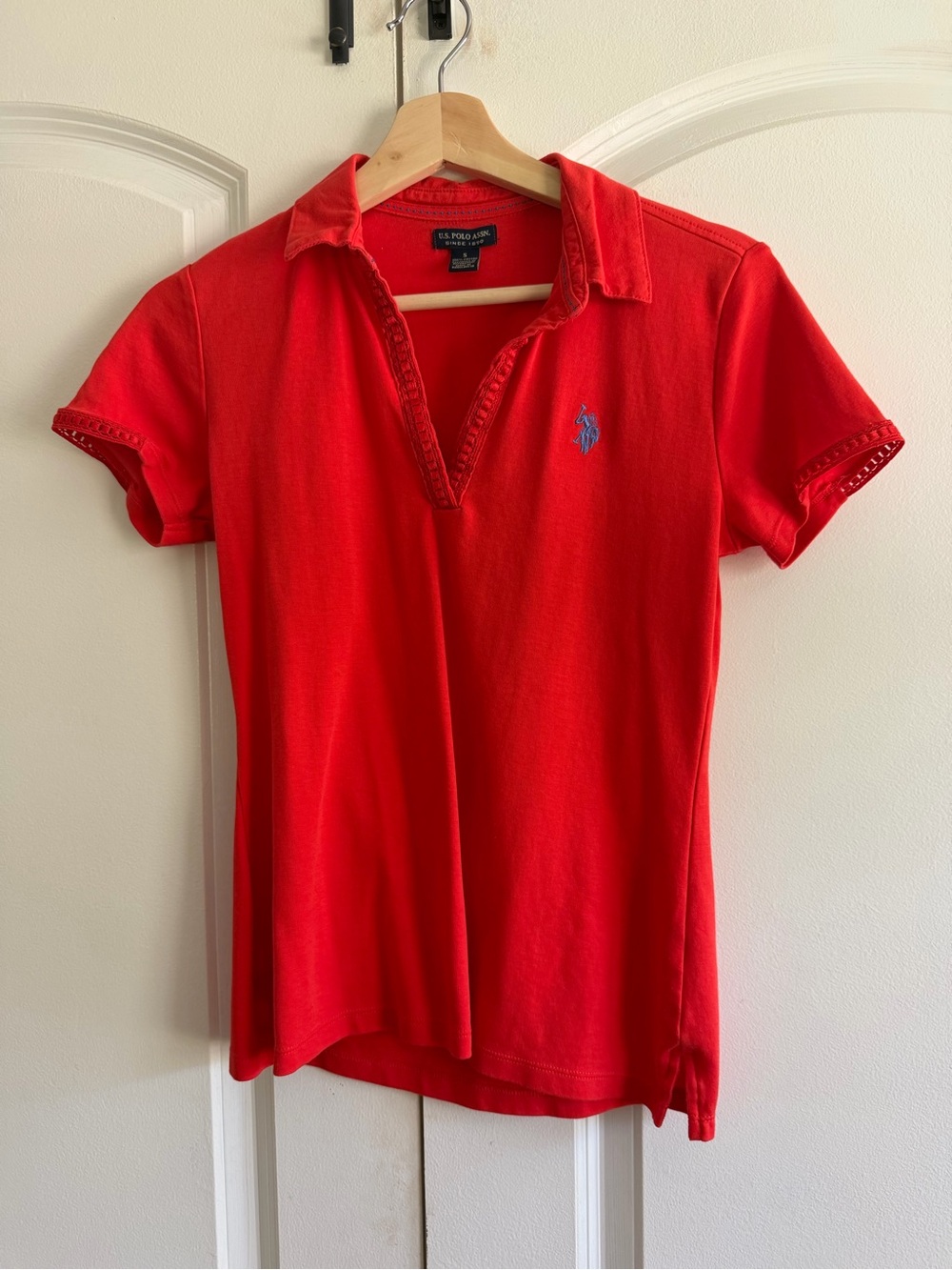 U.S. Polo Assn. Women's Bright Red Polo Shirt with Blue Pony Horse 4th of July